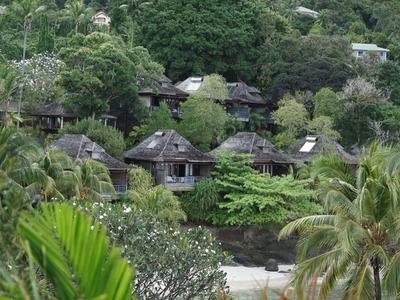 Diverse capanne di legno immerse in una rigogliosa foresta tropicale verde con vista su una spiaggia.