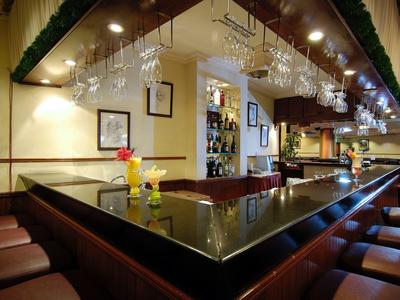 Gezellige hotelbar met donker houten bar, hangende glazen en comfortabele zitplaatsen.