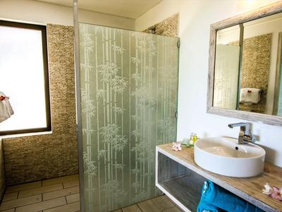 Bagno luminoso con doccia in vetro, grande specchio e lavabo rotondo.