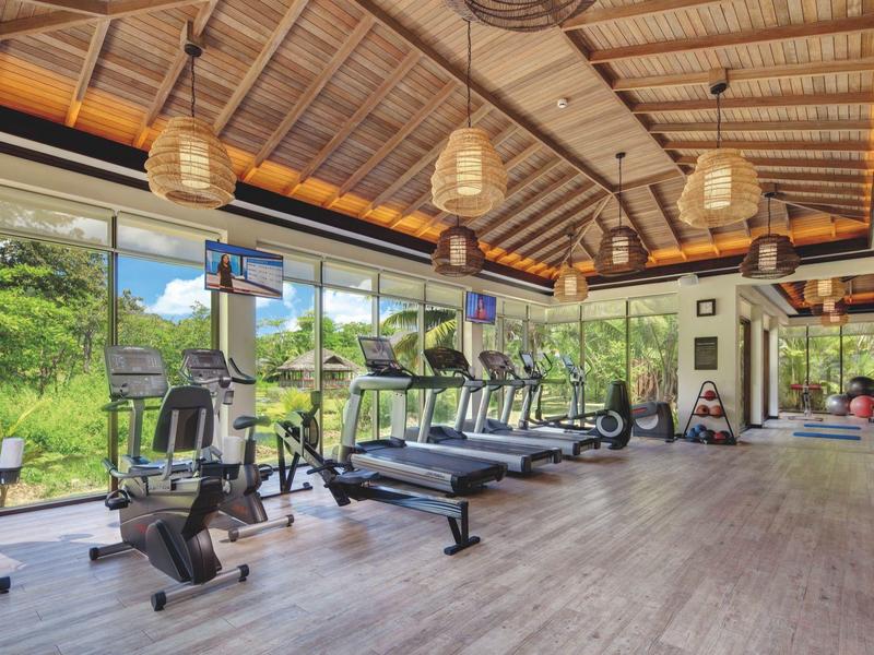 Modernes Fitnessstudio mit Laufbändern, Crosstrainern und großen Fenstern zu grüner Landschaft.