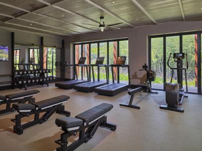 Nowoczesna siłownia z ławkami, bieżniami i maszynami przy dużych oknach.