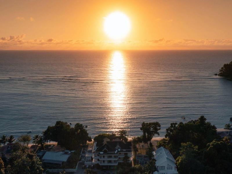 Sunset over the sea with palm trees and houses on the coast.