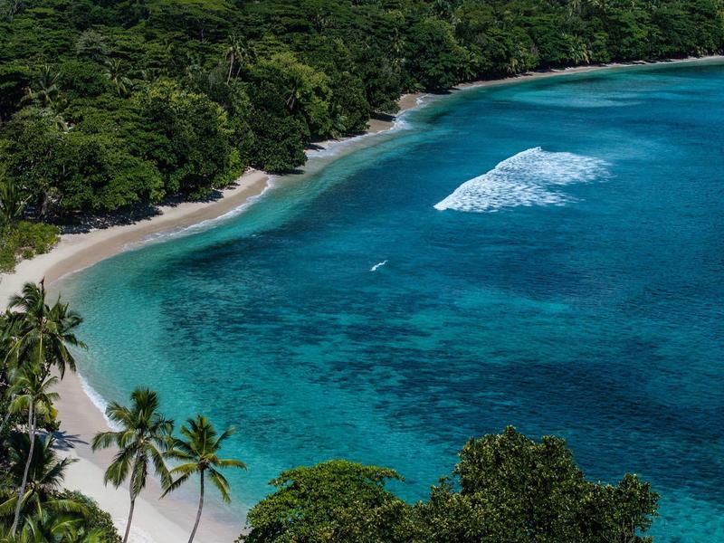 Tropical beach with turquoise water and dense green forest in the background.