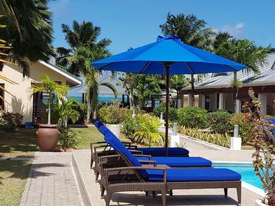 Dwa niebieskie leżaki pod niebieskim parasolem obok basenu w tropikalnym ogrodzie.