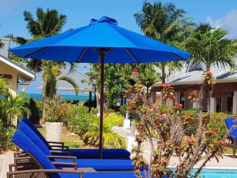 Niebieskie leżaki i duży niebieski parasol w tropikalnym ogrodzie hotelowym z palmami.