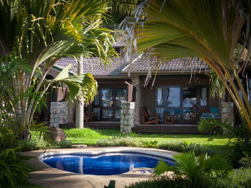 Jardin luxueux avec petite piscine et palmiers devant une villa moderne.