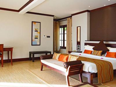 Helles Schlafzimmer mit Doppelbett, hölzernen Möbeln, warmen Farbtönen und hellem Holzboden.