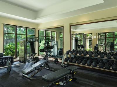 Modern gym with weights, workout bench, and large windows overlooking greenery.