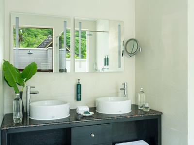 Modernes Badezimmer mit Doppelwaschbecken, großem Spiegel und grüner Pflanze.