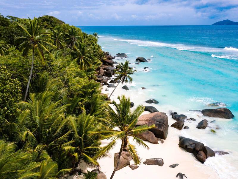 Playa tropical con arena blanca, palmeras y agua turquesa bajo un cielo azul.