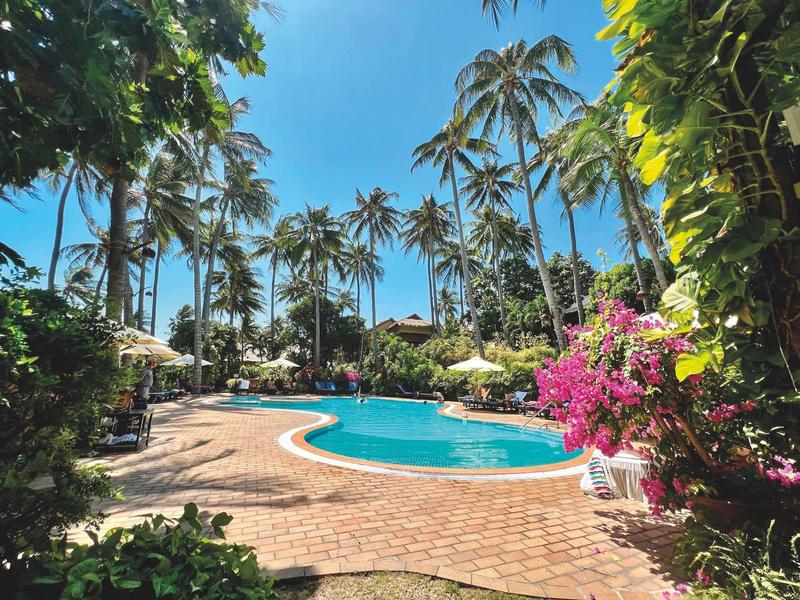 Tropická oblast s bazénem, palmami, kvetoucími rostlinami a modrou oblohou v pozadí.