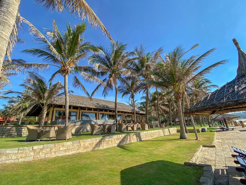Hotelgebouw omringd door palmbomen en ligstoelen onder een heldere blauwe lucht.