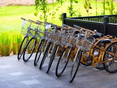 Kilka rowerów z koszykami stoi zaparkowanych na utwardzonej ścieżce obok zielonej łąki.