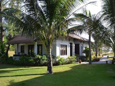 Tropikalny dom z palmami i zadbanym trawnikiem w słonecznym otoczeniu.