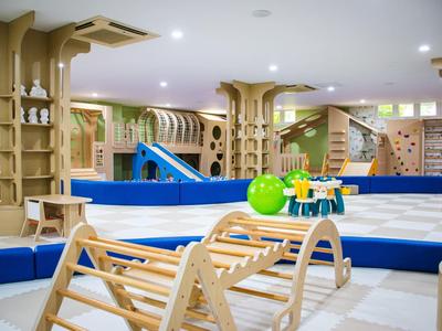 Nowoczesny, dobrze wyposażony wewnętrzny plac zabaw w hotelu z drewnianymi konstrukcjami.