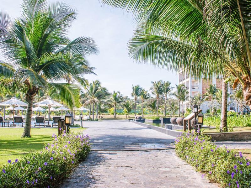 Ścieżka z palmami i leżakami w tropikalnym ogrodzie hotelowym