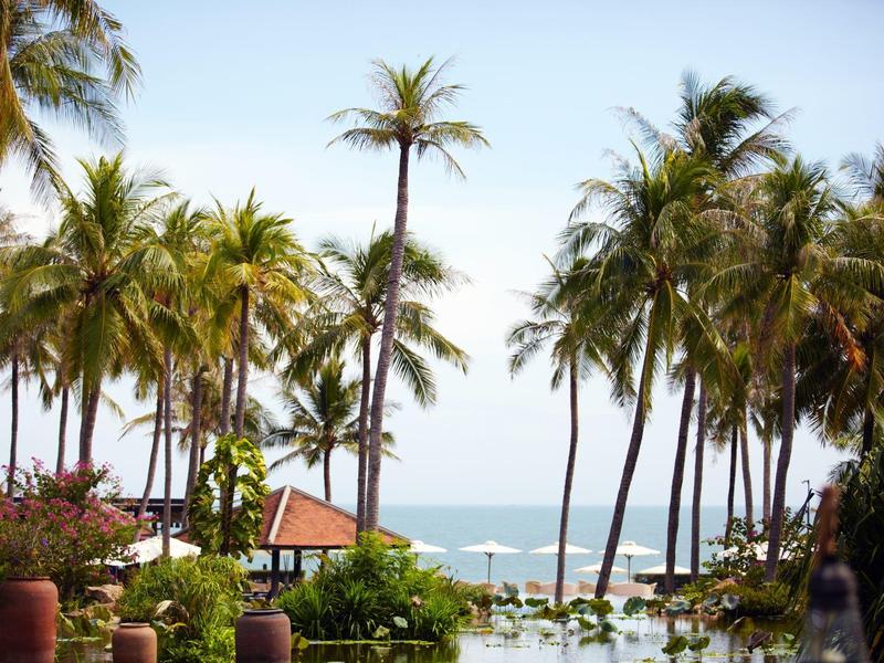 Tropikalny obszar hotelowy z palmami, basenem i widokiem na morze pod bezchmurnym niebem.