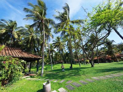 Zelená zahradní plocha s palmami, trávníkem a pavilonem pod modrou oblohou.