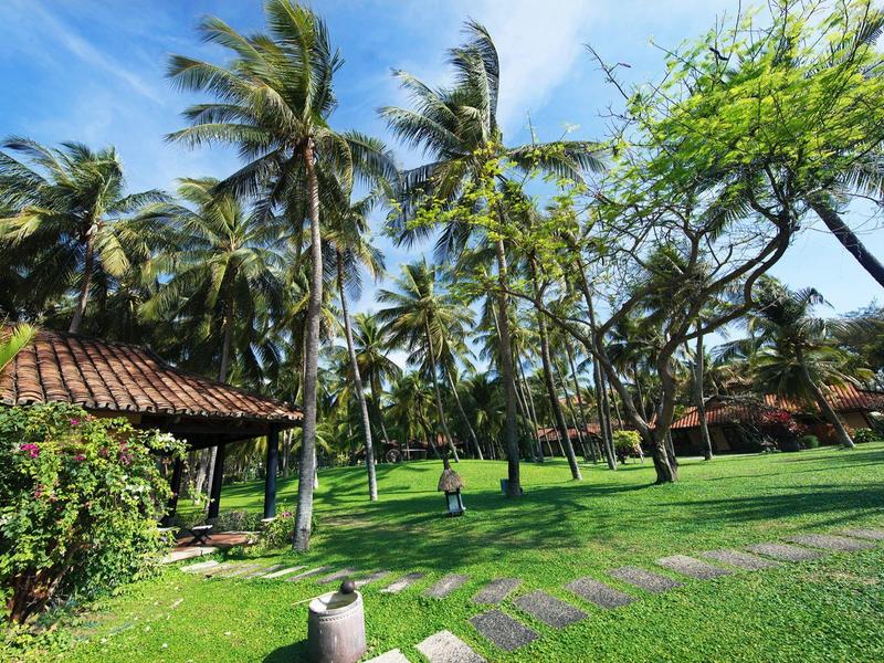 Jardin vert avec des palmiers et un coin salon couvert sous un ciel bleu.