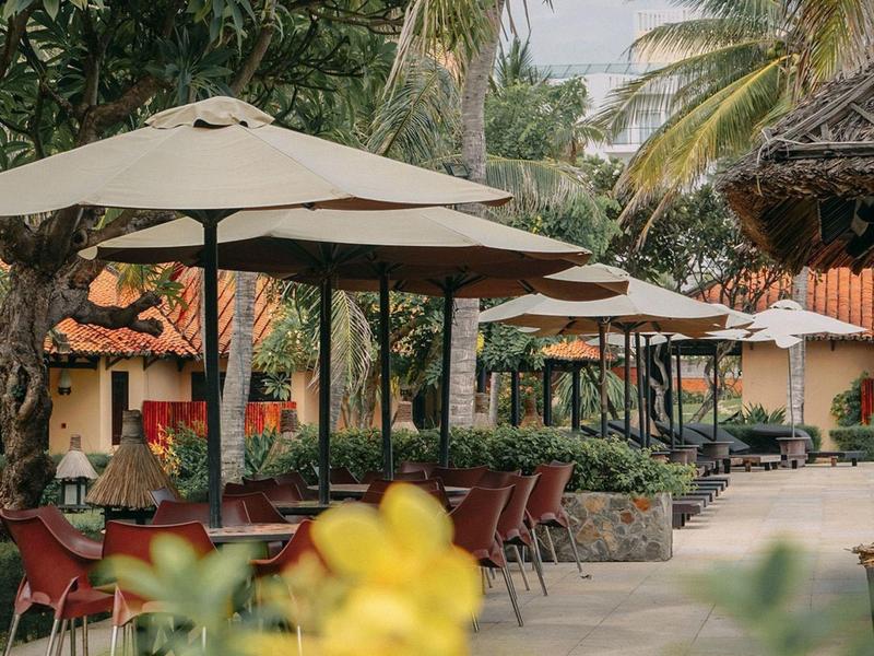 Espace extérieur avec parasols et chaises entouré de palmiers et de bâtiments.