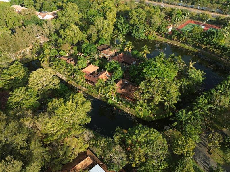 Vue aérienne d'un hôtel ou complexe avec plusieurs bâtiments entourés d'une forêt verte dense et d'un étang.