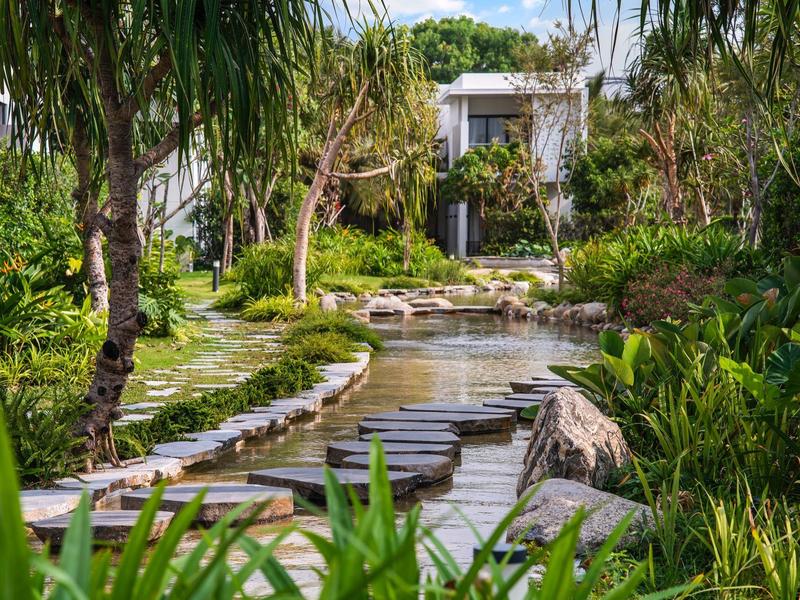 Malownicza kamienna ścieżka nad wodą otoczona bujną tropikalną roślinnością i drzewami.