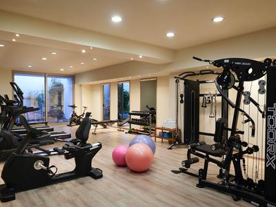 Salle de sport moderne avec appareils d'exercice, ballons de fitness, sol en bois et éclairage au plafond.