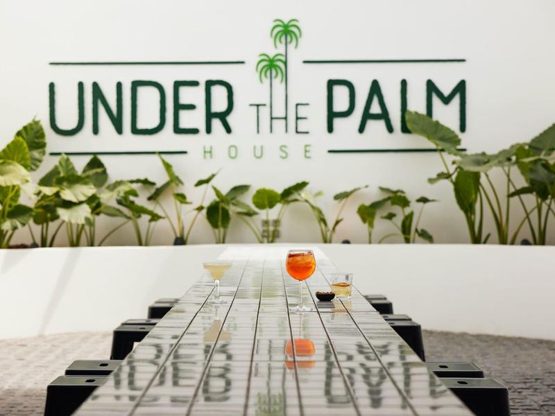 Área de estar moderna con mesa de vidrio y plantas frente a una pared con el letrero "Under the Palm House".