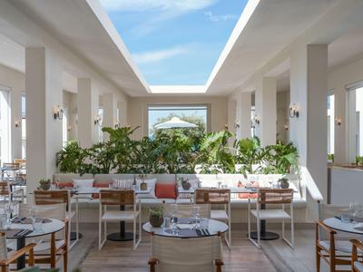 Bright, modern dining area with many plants and a view of the sky through a large skylight.