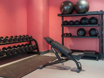 Fitnessraum mit Hanteln, Gymnastikbällen und verstellbarer Trainingsbank vor roter Wand