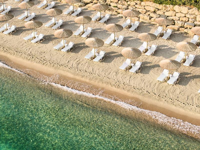Rows of white sun umbrellas and lounge chairs line a sandy beach along clear turquoise water.