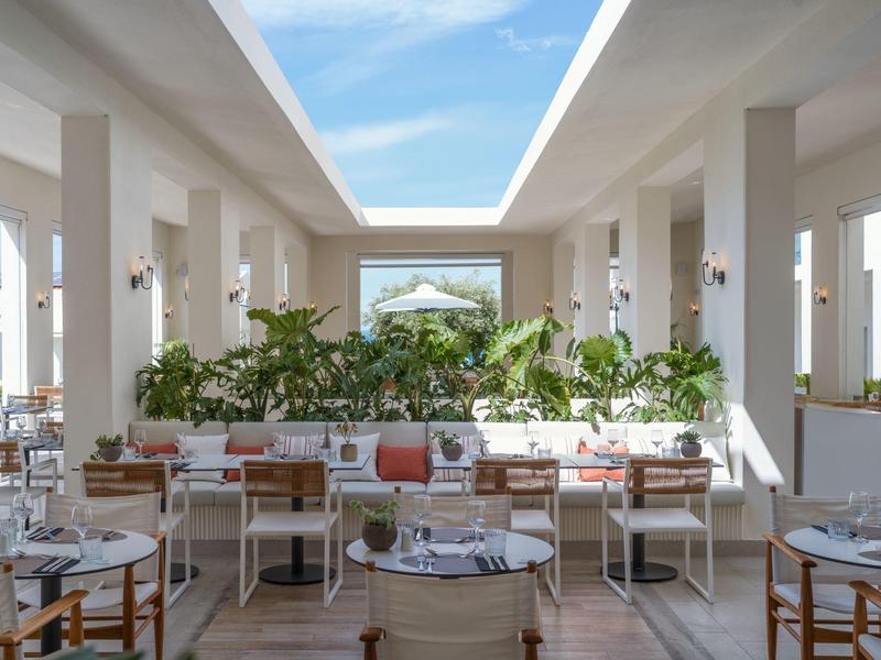 Bright, modern dining area with many plants and a view of the sky through a large skylight.