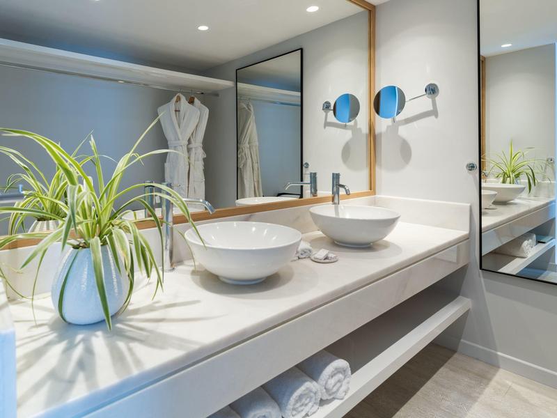 Modern bathroom with double sinks, large mirrors, and a plant on the countertop.
