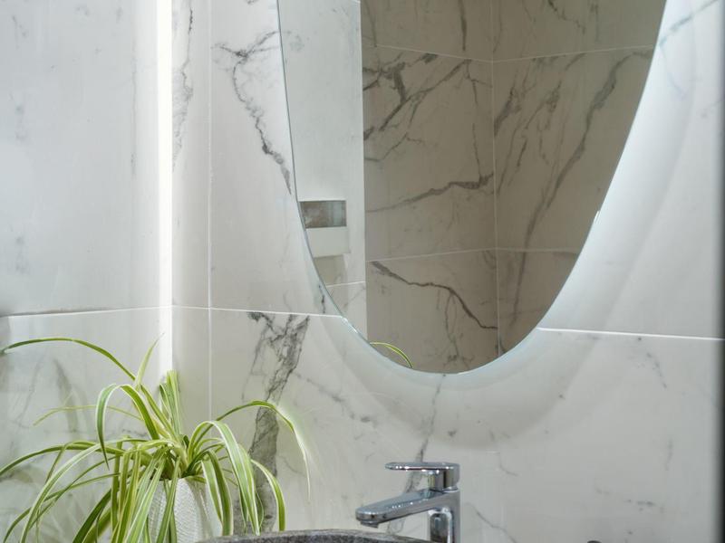 Modern bathroom vanity with oval mirror, stone sink, and green plant.
