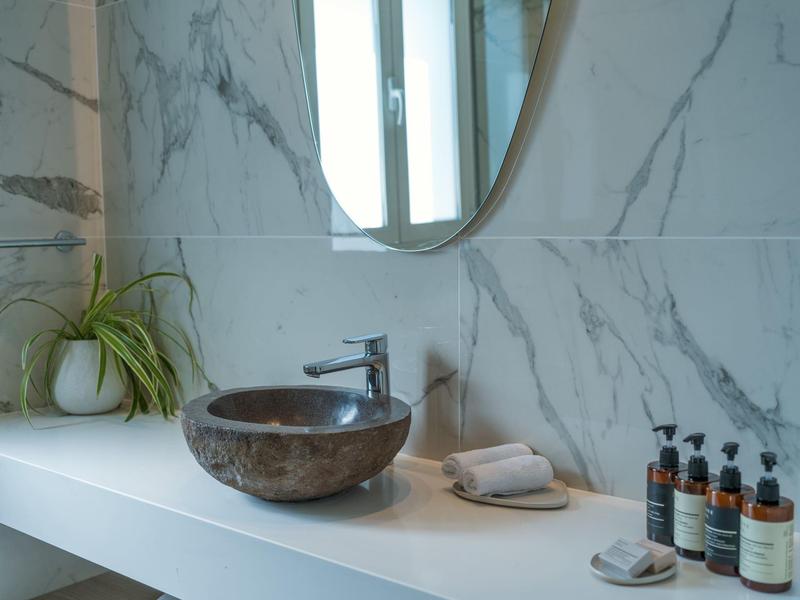 Modern bathroom with stone sink, mirror, plant, and toiletries.