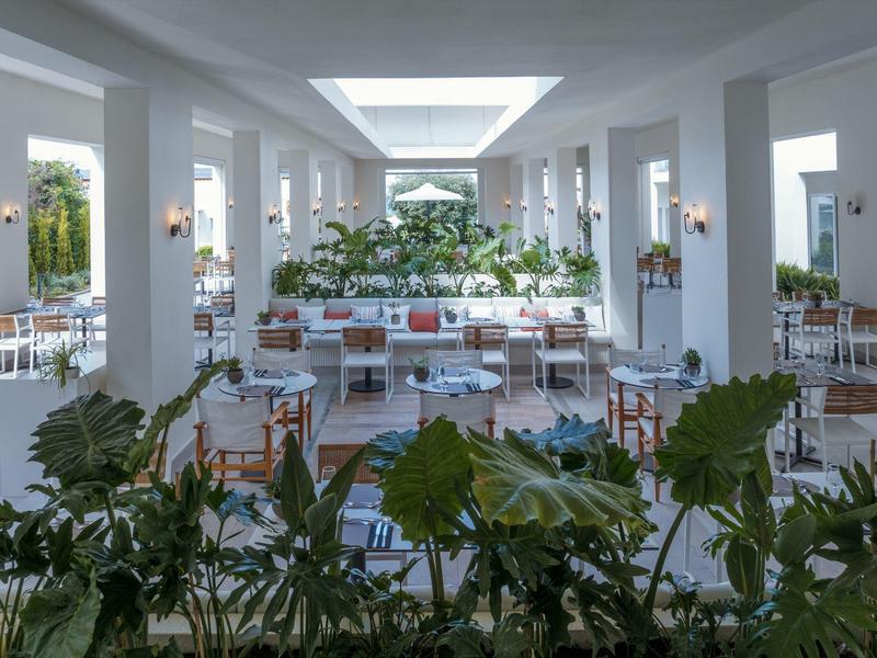 Bright restaurant with white walls, plants, and modern tables and chairs.