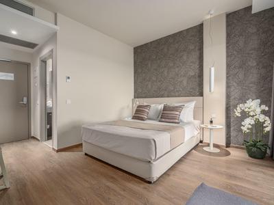 Modern hotel room with double bed, wooden floor, accent wall, and plants beside the bed.