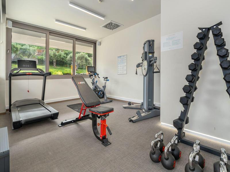 Modern gym with treadmill, strength machines, dumbbells, and large windows overlooking garden.