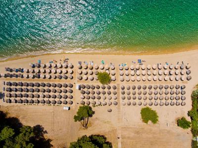 Letecký pohled na pláž s řadami slunečníků a lehátek u čisté modré vody a stromů.