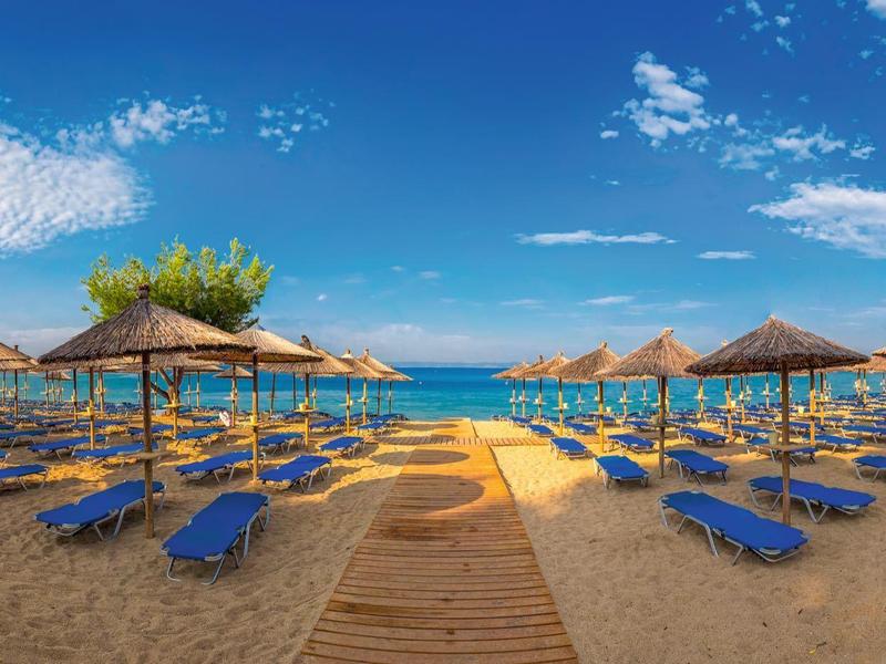 Prázdná pláž s řadami modrých lehátek a slaměnými slunečníky pod slunečnou oblohou.
