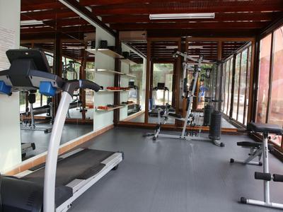 Moderner Fitnessraum mit Trainingsgeräten und Spiegelwand, beleuchtet durch große Fenster.