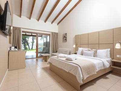 Helles Schlafzimmer mit Holzbalkendecke, großem Bett, Fernsehen und Terrasse mit Gartenausblick.