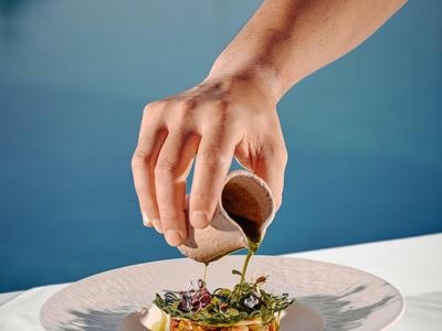 Close-up of a hand pouring sauce over a creatively plated dish with a water background.