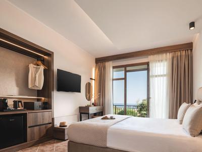 Modern hotel room with double bed, TV, open wardrobe, and a view of nature.
