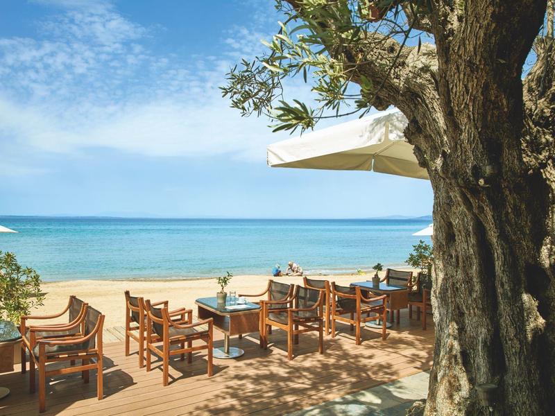 Terrasse mit Holztischen und Stühlen am Meer unter blauem Himmel und großen Bäumen