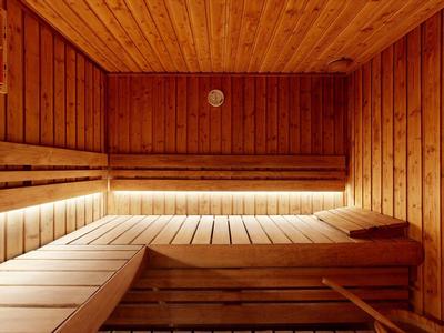 Wood sauna with tiered benches and soft warm lighting