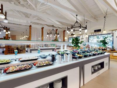 Bright buffet with salads and cold dishes in modern restaurant featuring wooden ceiling