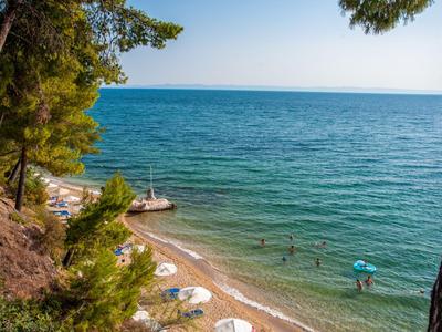 Spiaggia con lettini e acqua blu chiara, circondata da alberi e rocce
