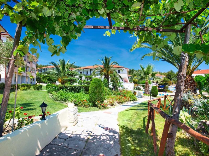 Jardín bien cuidado con palmeras, senderos y casas blancas bajo un cielo azul claro.