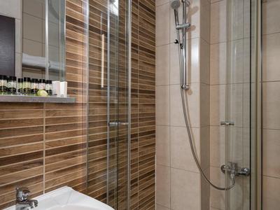 Malý sprchový kout se skleněnými dveřmi, bílým umyvadlem a hnědými obklady v hotelové koupelně.